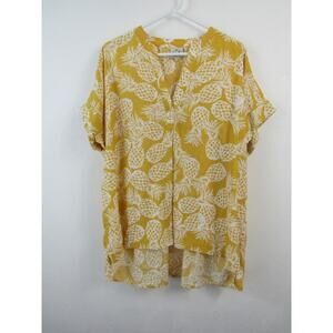 St Johns Bay XL Linen Blend Yellow White Pineapple Short Sleeve Top